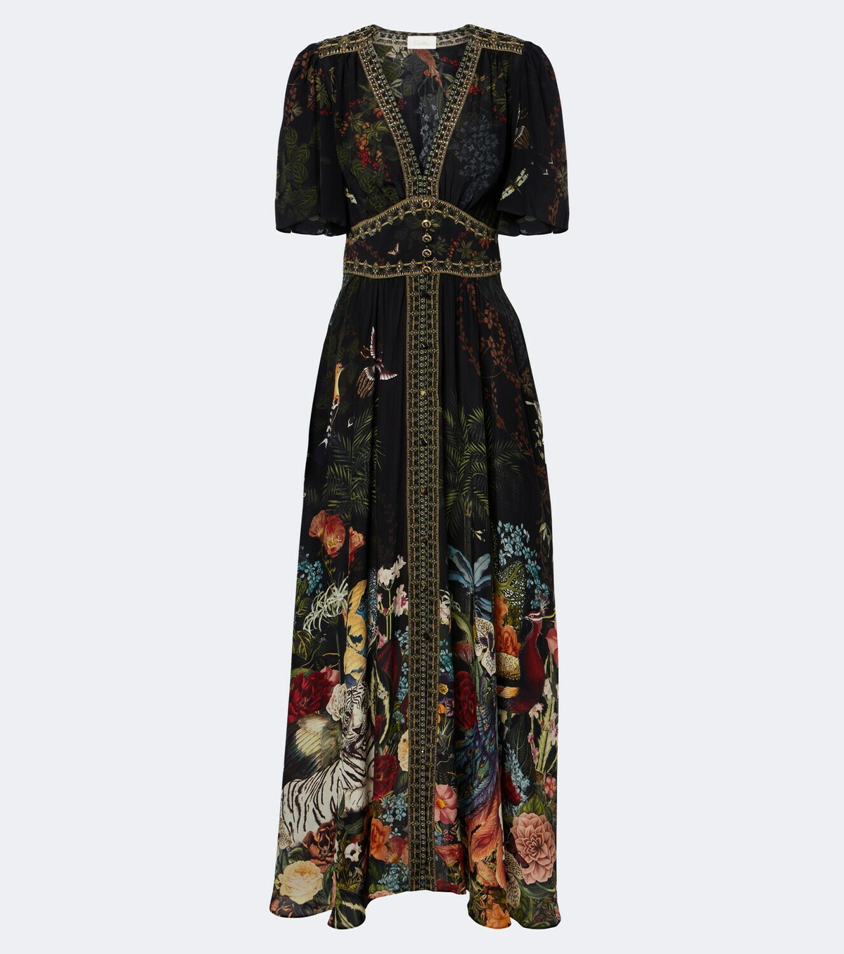Camilla Embellished printed silk satin maxi dress