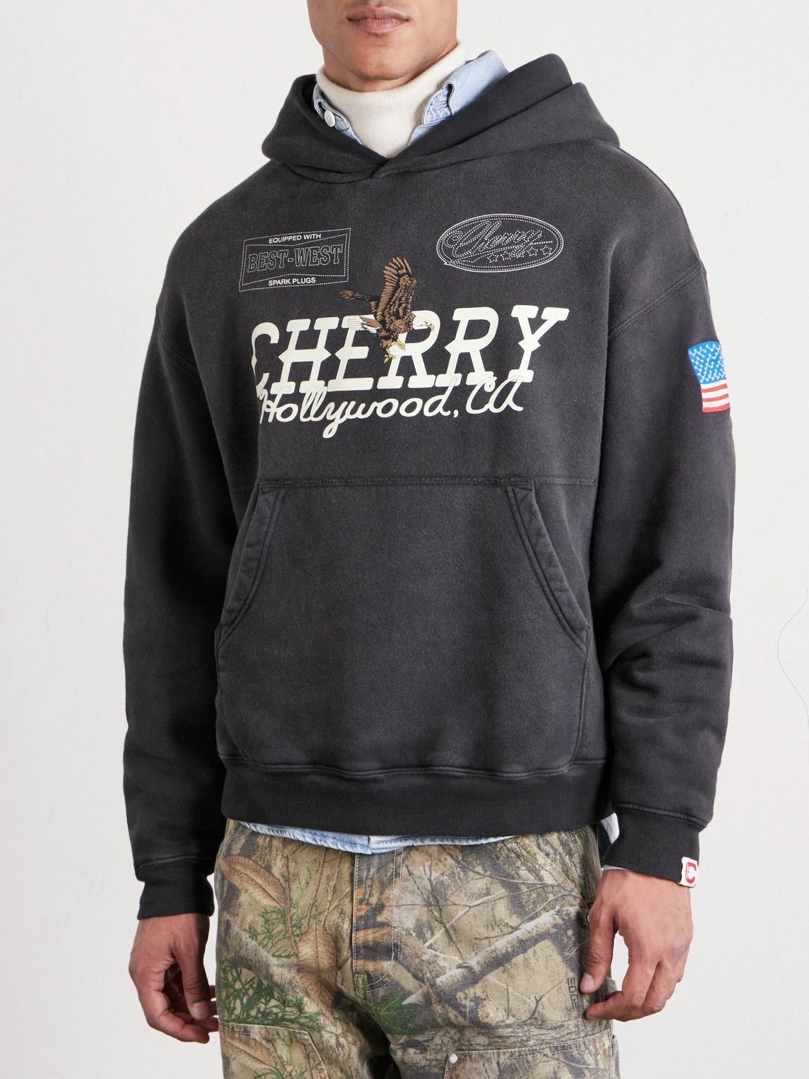 Cherry Los Angeles - Hollywood Logo-Print Embroidered Cotton-Jersey Hoodie - Black