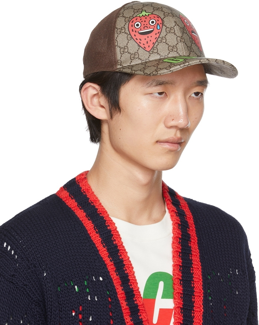 Gucci GG Supreme Monogram Strawberry Baseball Hat in Beige