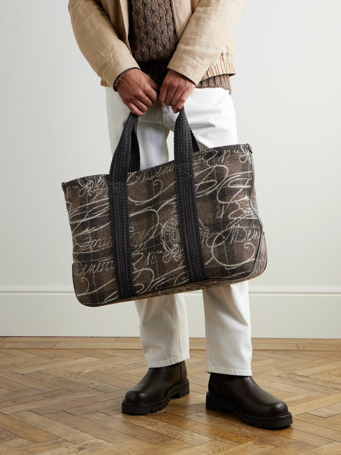 Berluti - Leather-Trimmed Scritto Checked Jacquard Tote Bag
