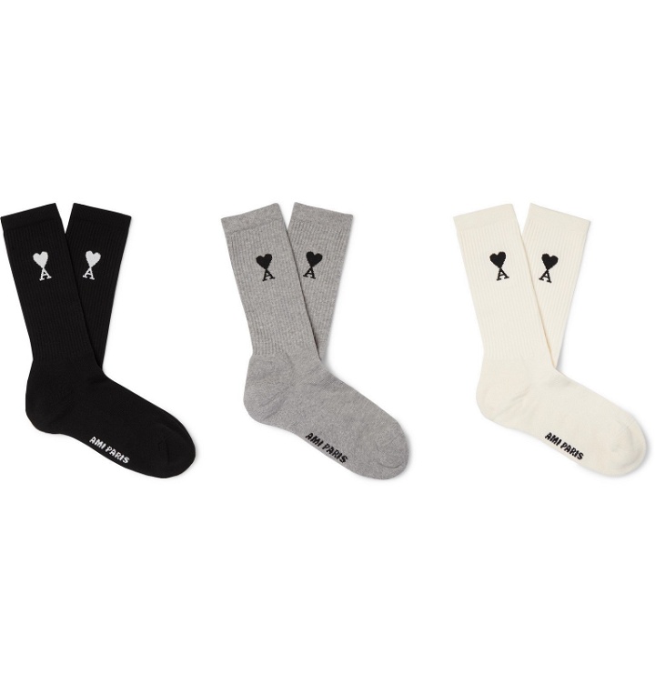 Photo: AMI - Three-Pack Logo-Intarsia Cotton-Blend Socks - Gray