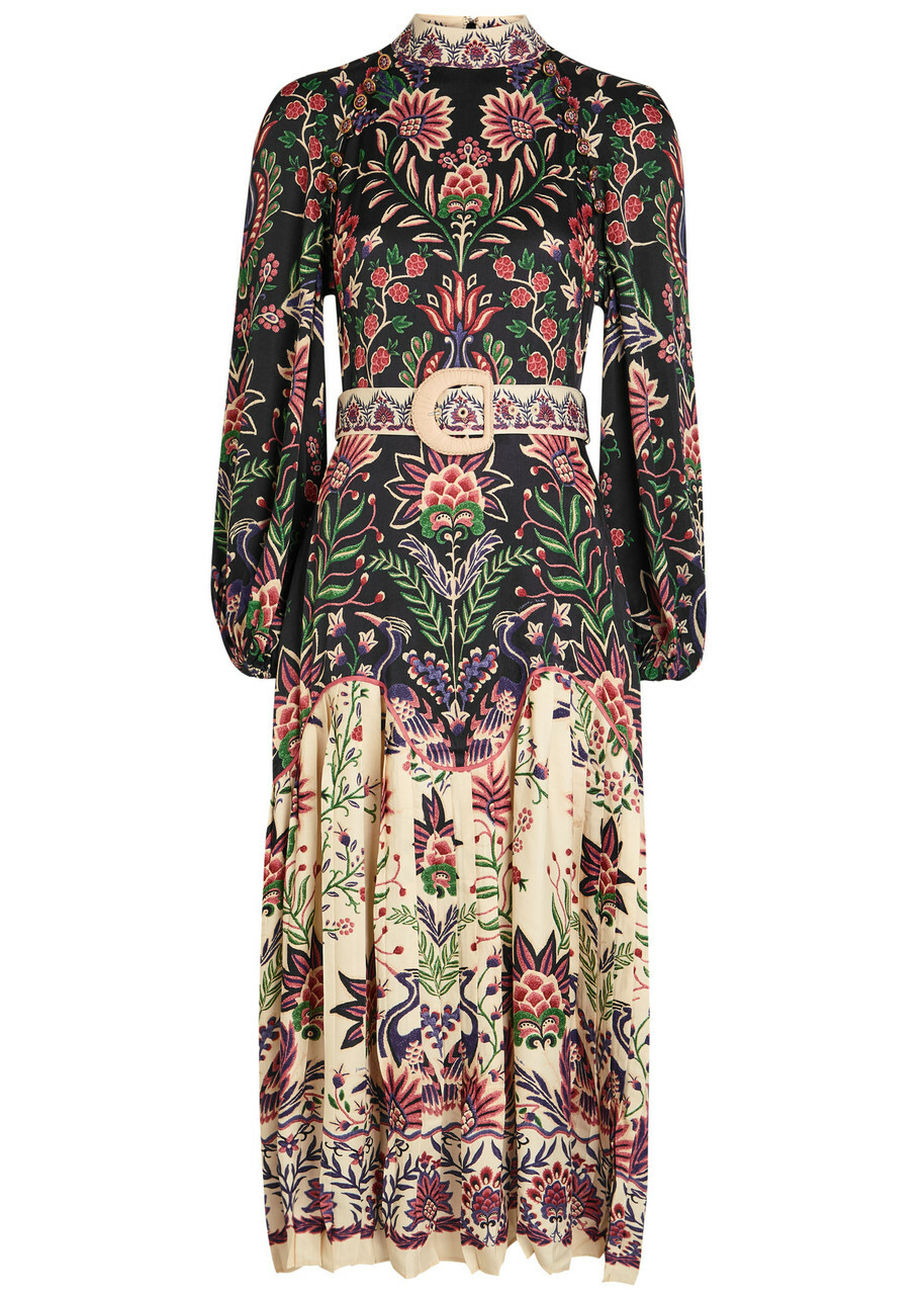 Farm Rio Marvelous Garden Floral-print Satin Midi Dress Black
