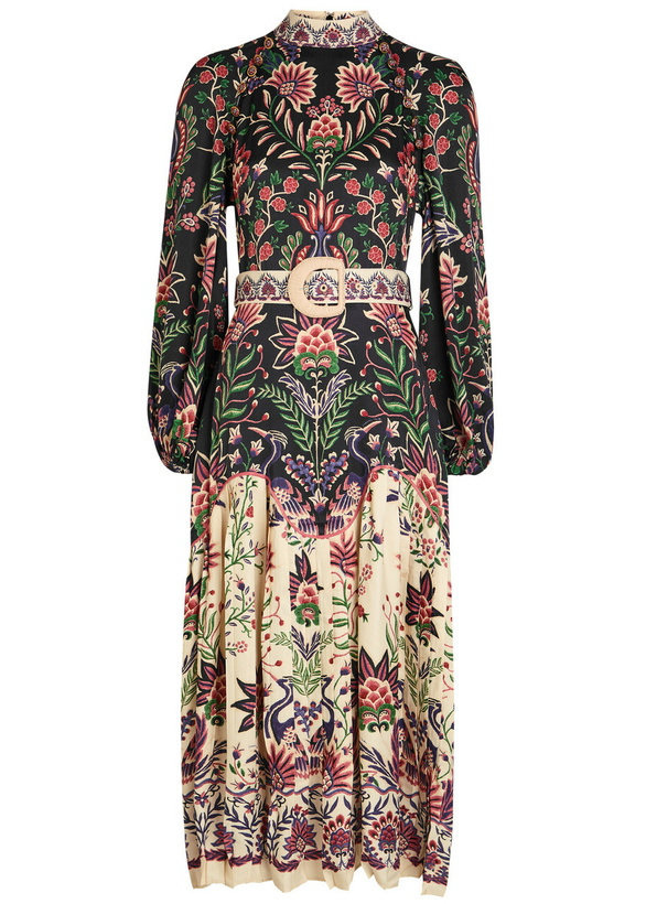 Photo: Farm Rio Marvelous Garden Floral-print Satin Midi Dress Black