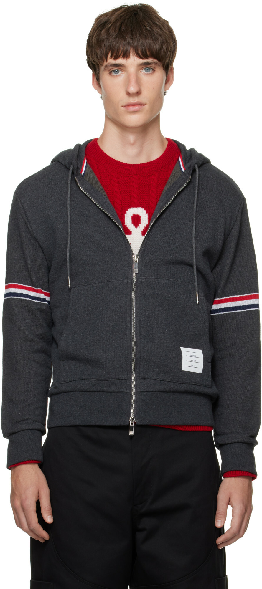 Thom Browne Gray Zip Pique Loopback RWB Engineered Hoodie