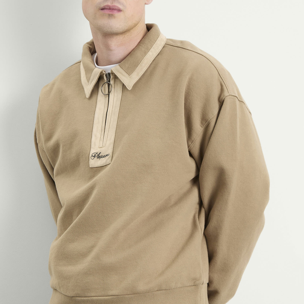 Pleasures Men's Drift Zip Long Sleeve Polo in Tan