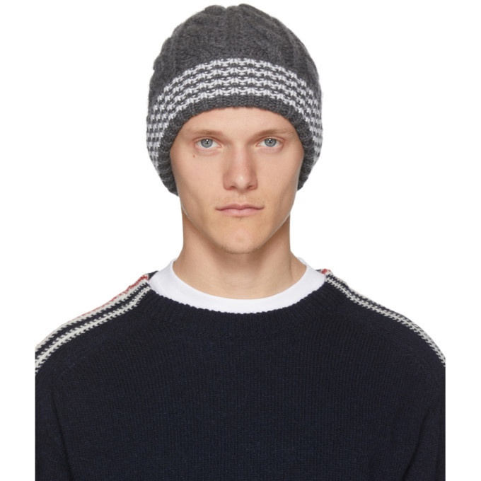 Photo: Thom Browne Grey Cashmere Cable Knit Four Bar Beanie