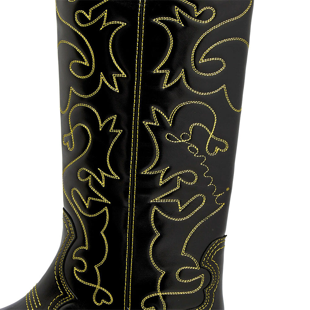 GANNI Women's Knee High Embroidered Western Boot in Black/Yellow GANNI