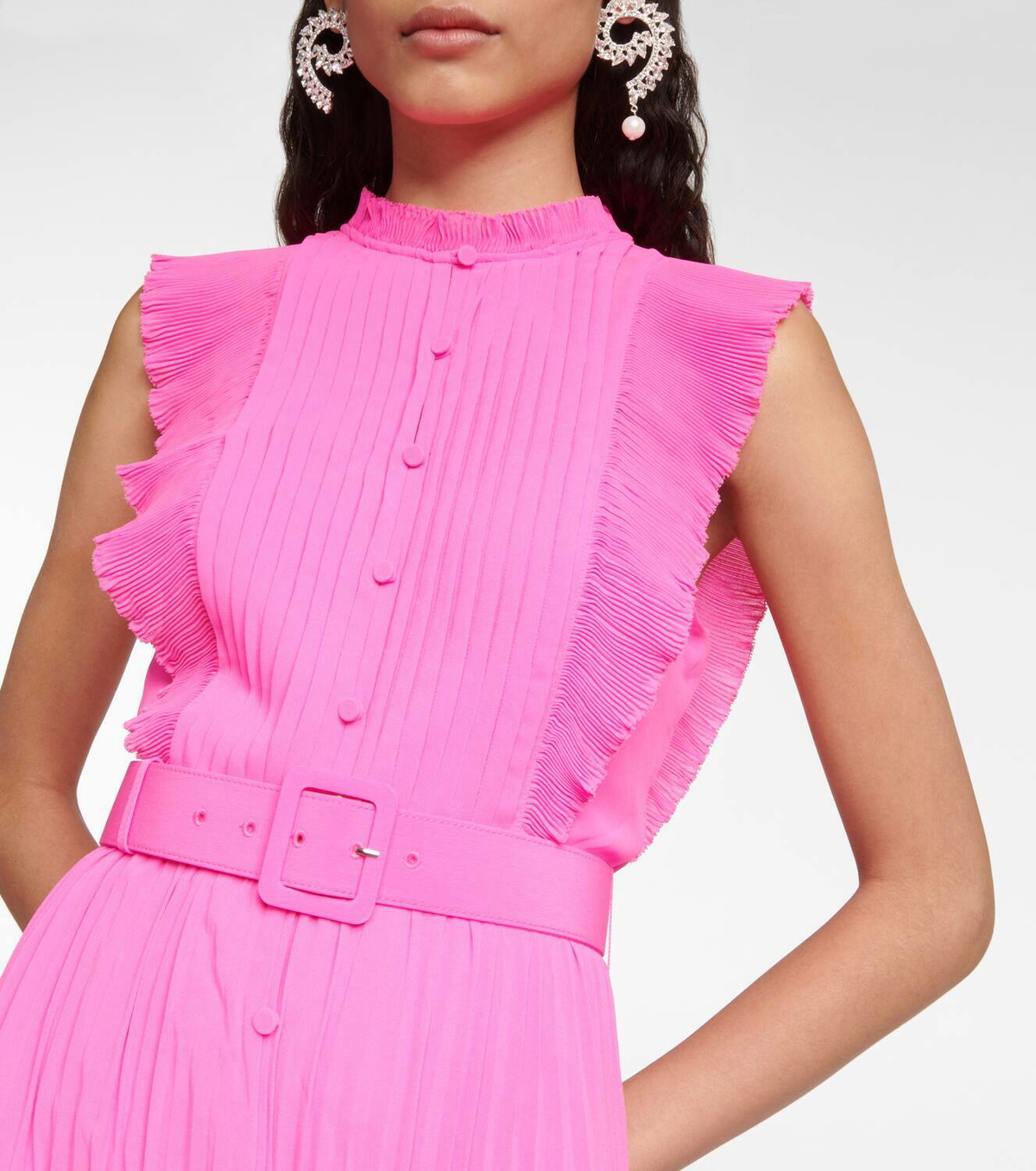 Girls Collared Buttoned Front Self Belted Ruffle Trim Dress