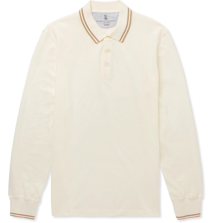 Photo: Brunello Cucinelli - Slim-Fit Contrast-Tipped Cotton-Piqué Polo Shirt - Men - White