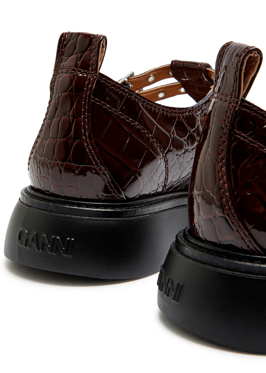 Ganni Everyday Butterfly Crocodile-effect Mary Jane Shoes Brown