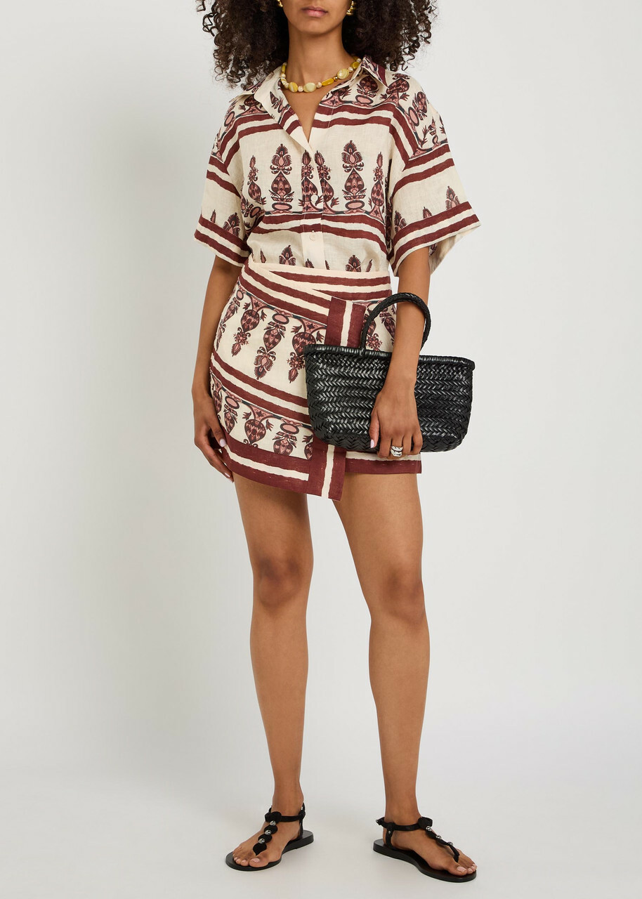 Johanna Ortiz Roots Printed Linen Mini Wrap Skirt Ecru