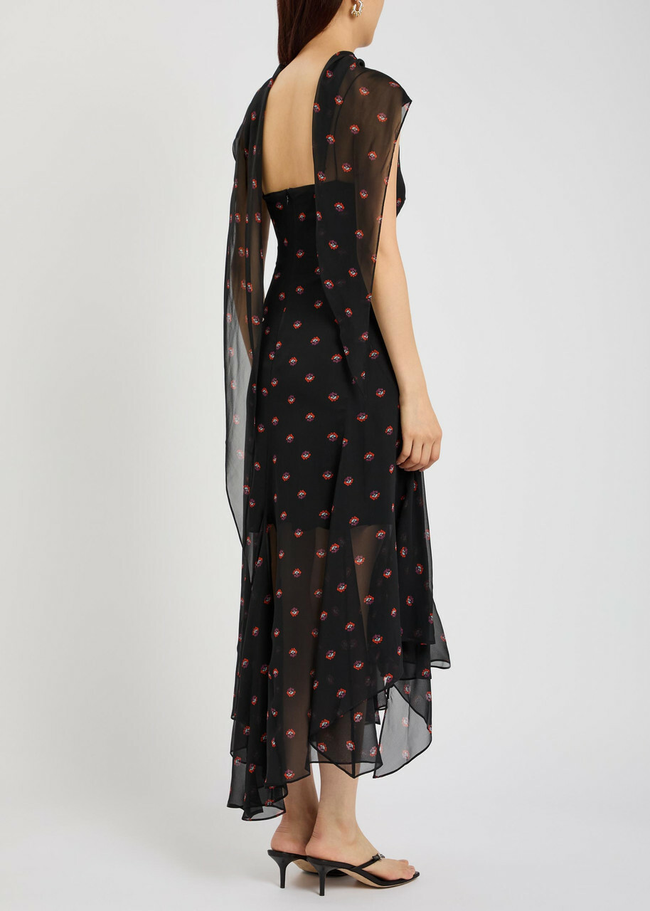 Liberowe Aubrey Floral-print Asymmetric Silk Midi Dress Black