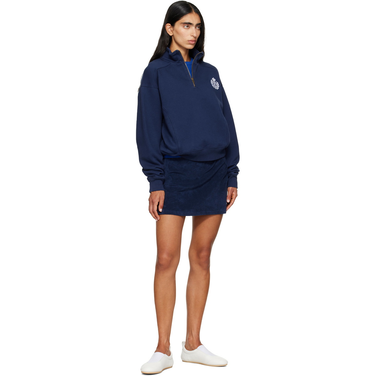Sporty & Rich Navy NY Crest Embroidered Quarter Zip Sweatshirt