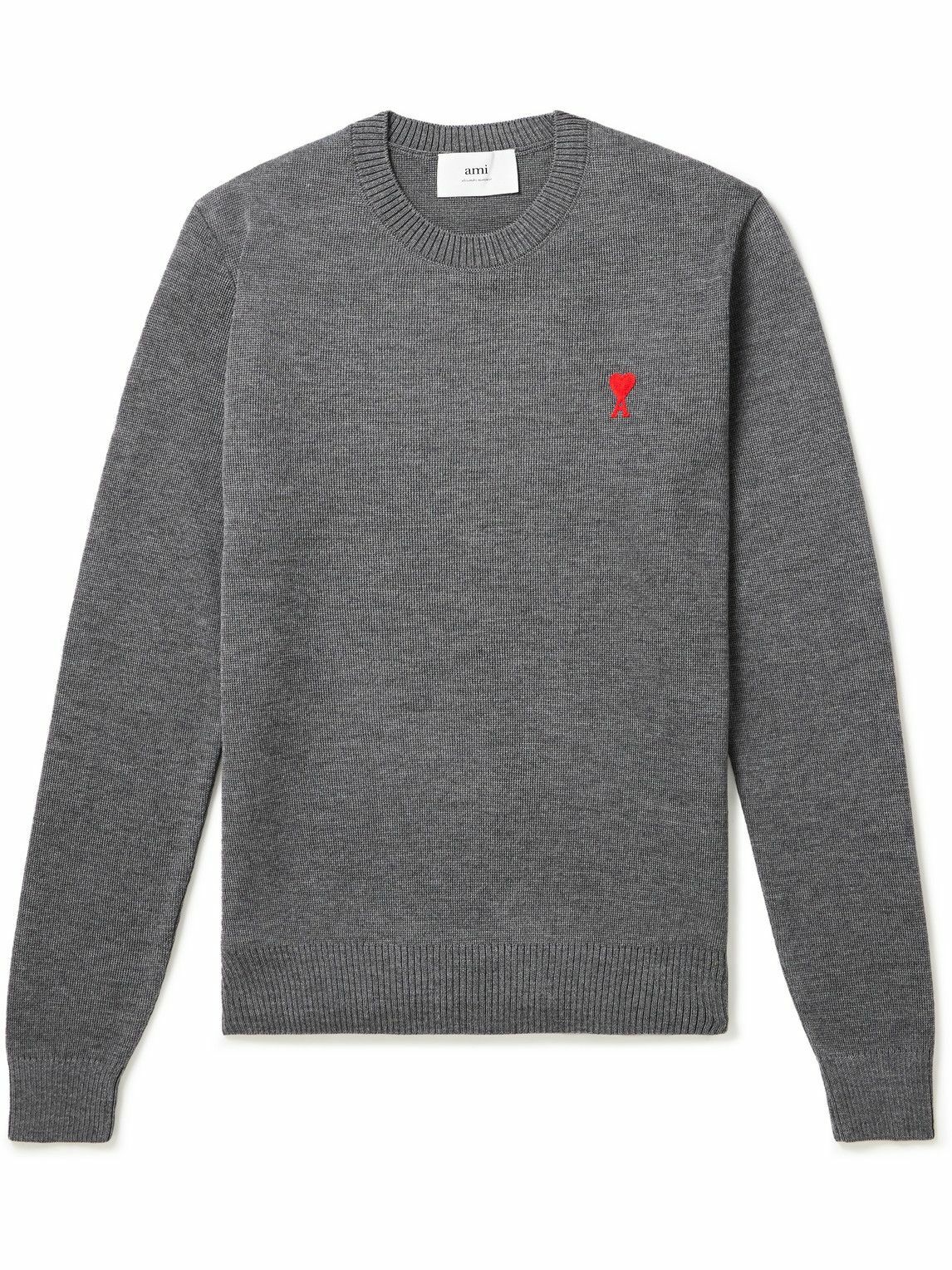 AMI PARIS - Logo-Embroidered Merino Wool Sweater - Gray AMI