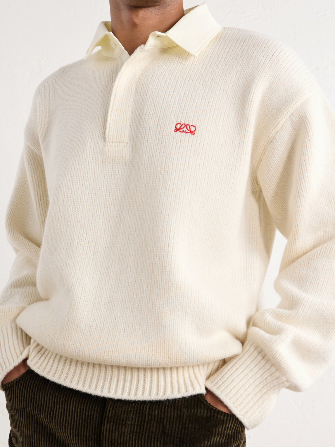 LOEWE - Anagram-Embroidered Cotton Twill-Trimmed Wool-Blend Polo Sweater - Neutrals