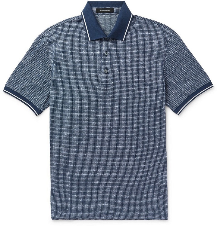 Photo: Ermenegildo Zegna - Contrast-Tipped Cotton and Linen-Blend Polo Shirt - Blue