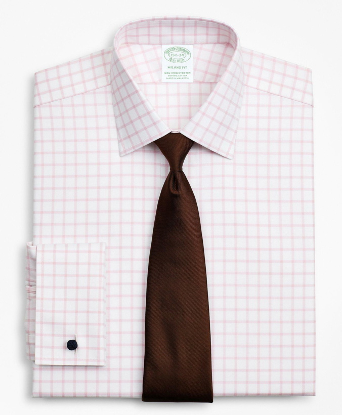 Photo: Brooks Brothers Men's Stretch Milano Slim-Fit Dress Shirt, Non-Iron Twill Ainsley Collar French Cuff Grid Check | Pink