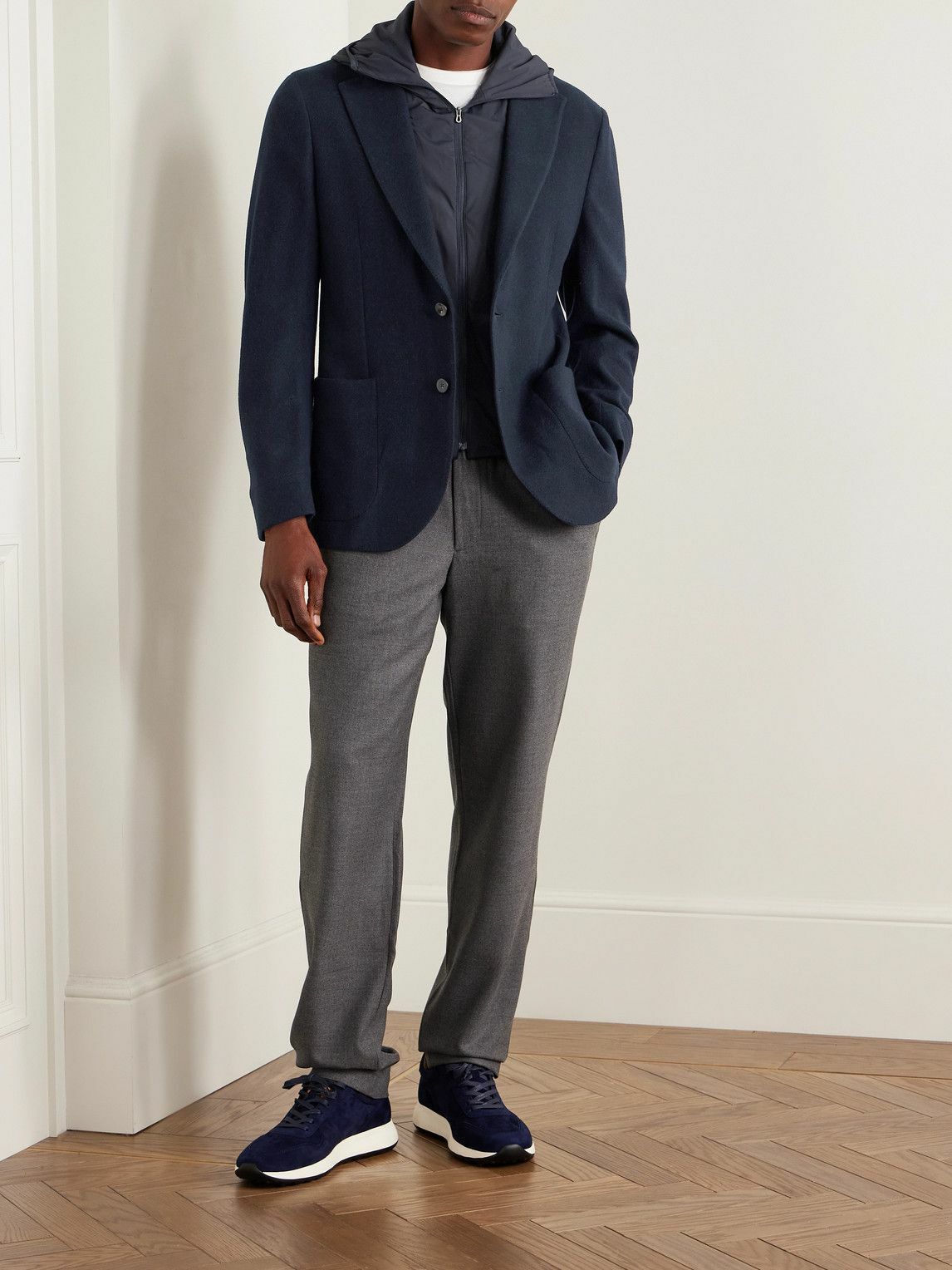 SEASE - Panelled Virgin Wool-Blend and Nylon-Blend Hooded Blazer - Blue