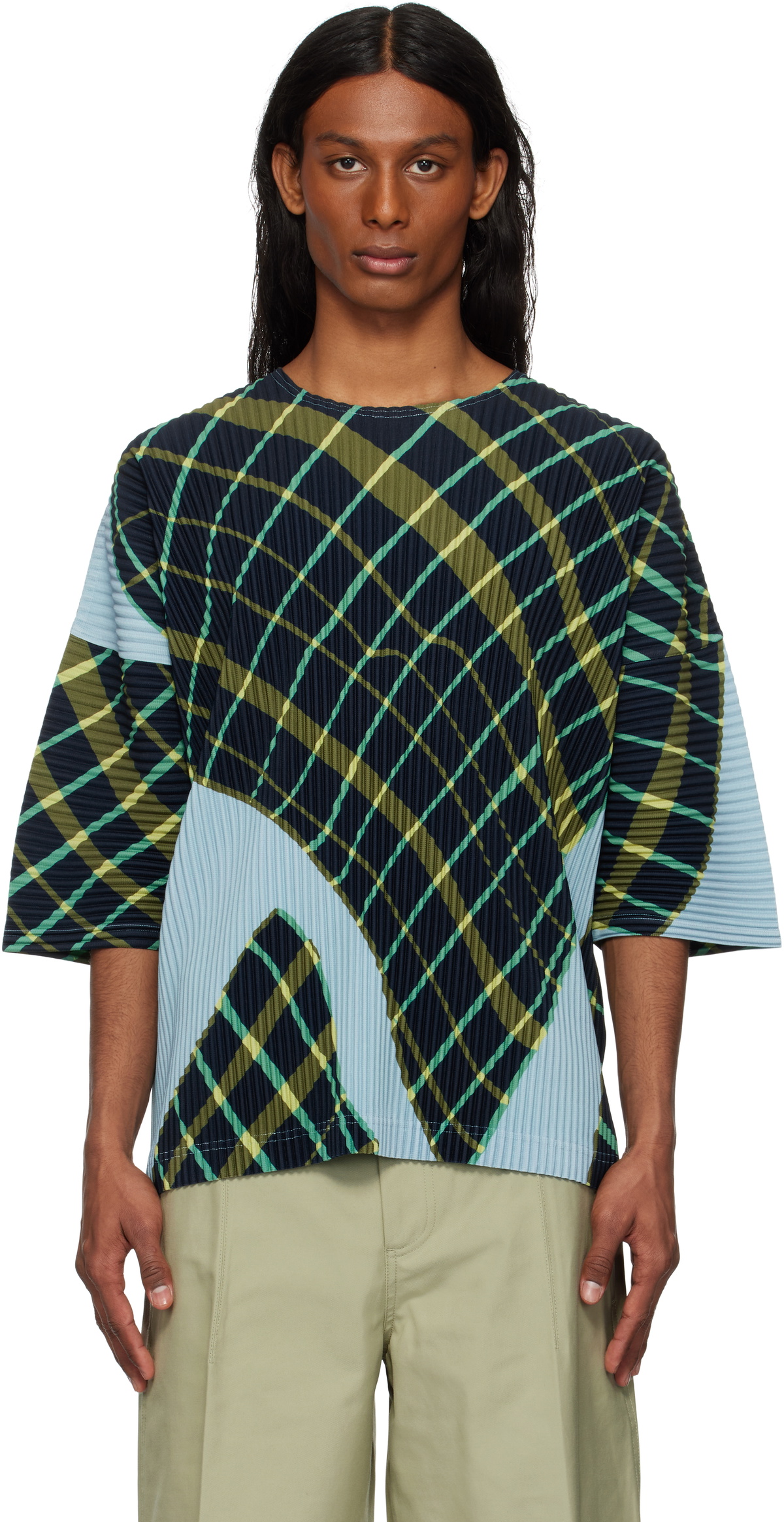 HOMME PLISSÉ ISSEY MIYAKE Blue & Green Windswept Plaid T-shirt