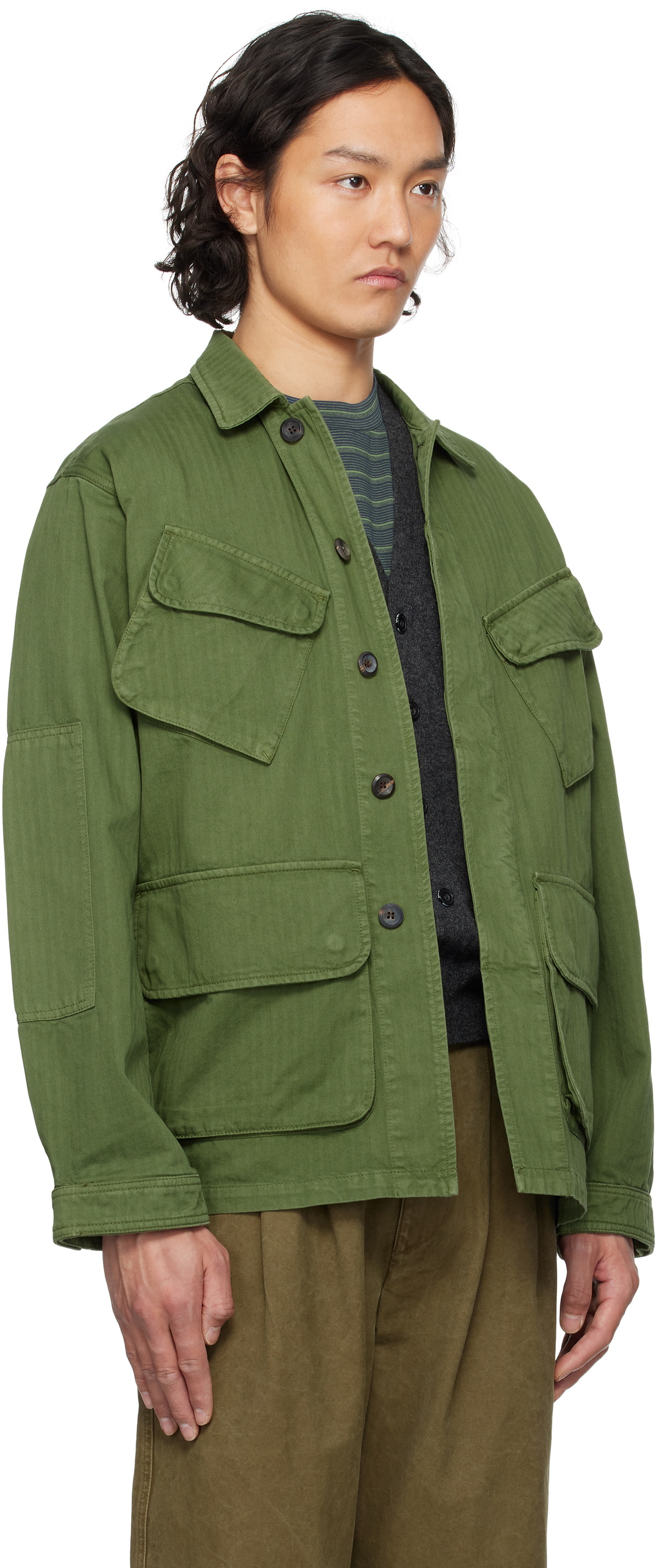 Drake's Green Herringbone Cotton Jungle Jacket