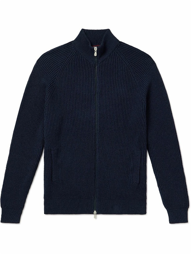 Photo: Brunello Cucinelli - Ribbed-Knit Cotton Zip-Up Sweater - Blue