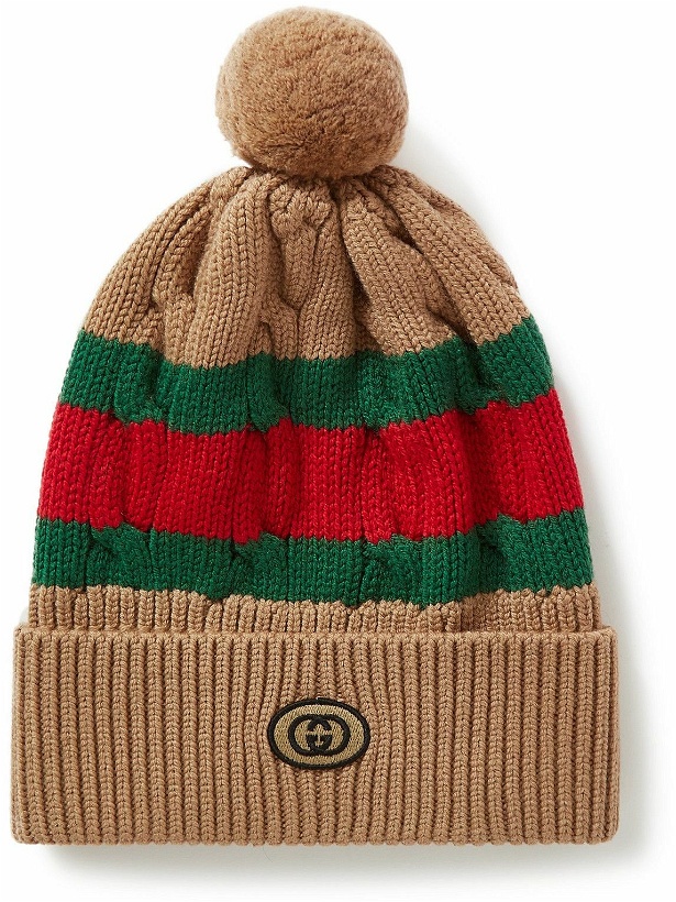Photo: GUCCI - Cable-Knit Striped Wool Beanie - Brown