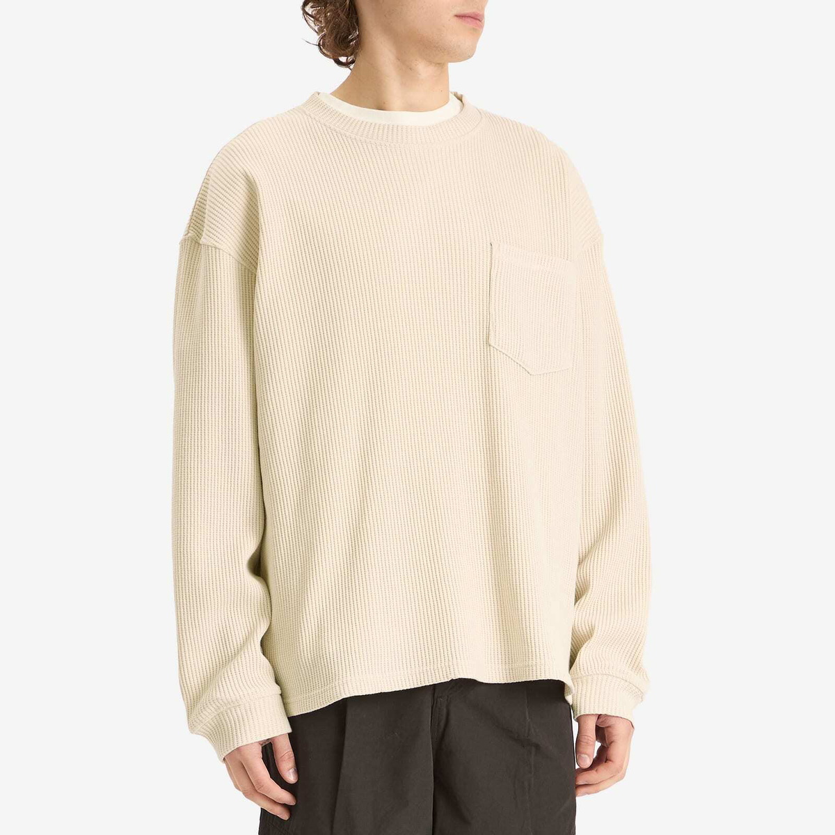 FrizmWORKS Men's Oversized Waffle Pocket Long Sleeve T-Shirt in Cream