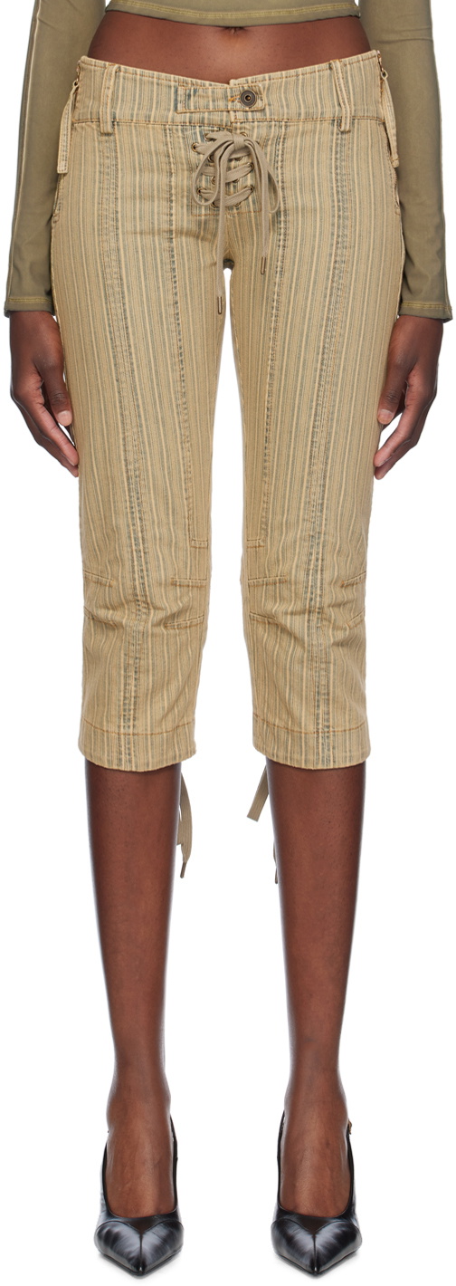KNWLS Khaki & Beige Striped Capri Denim Shorts