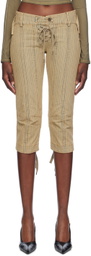 KNWLS Khaki & Beige Striped Capri Denim Shorts