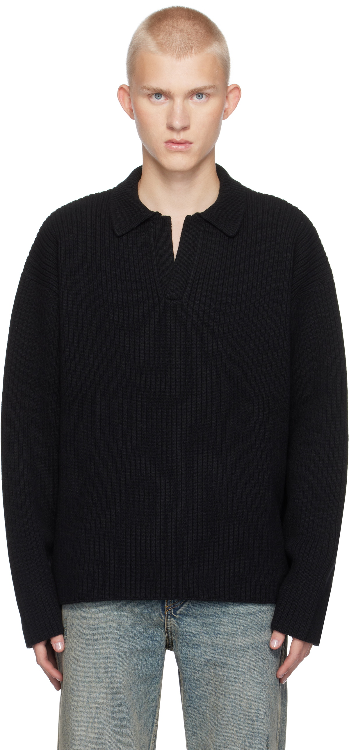 Represent Black Ribbed Knit Polo Represent