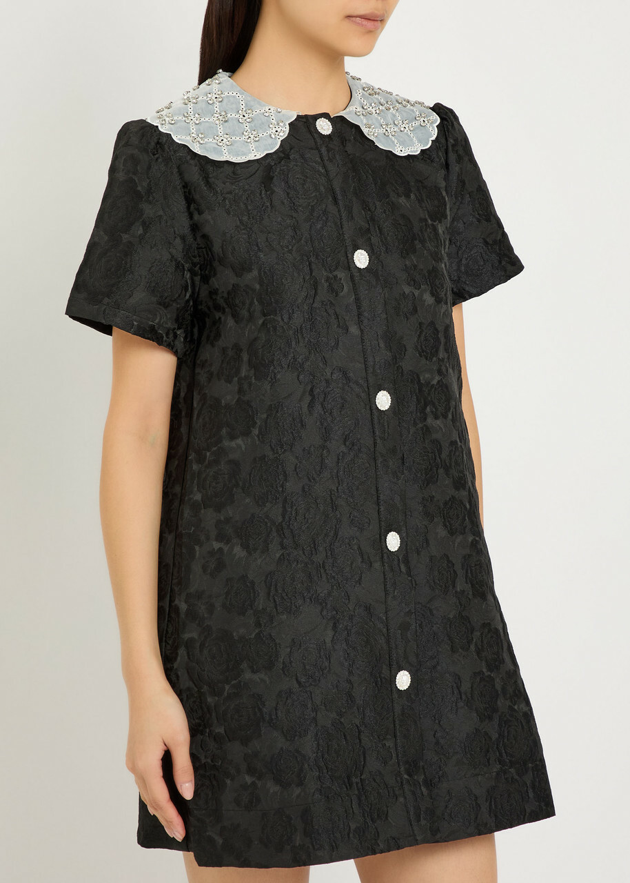 Sister Jane Chandelier Floral-jacquard Woven Mini Dress Black