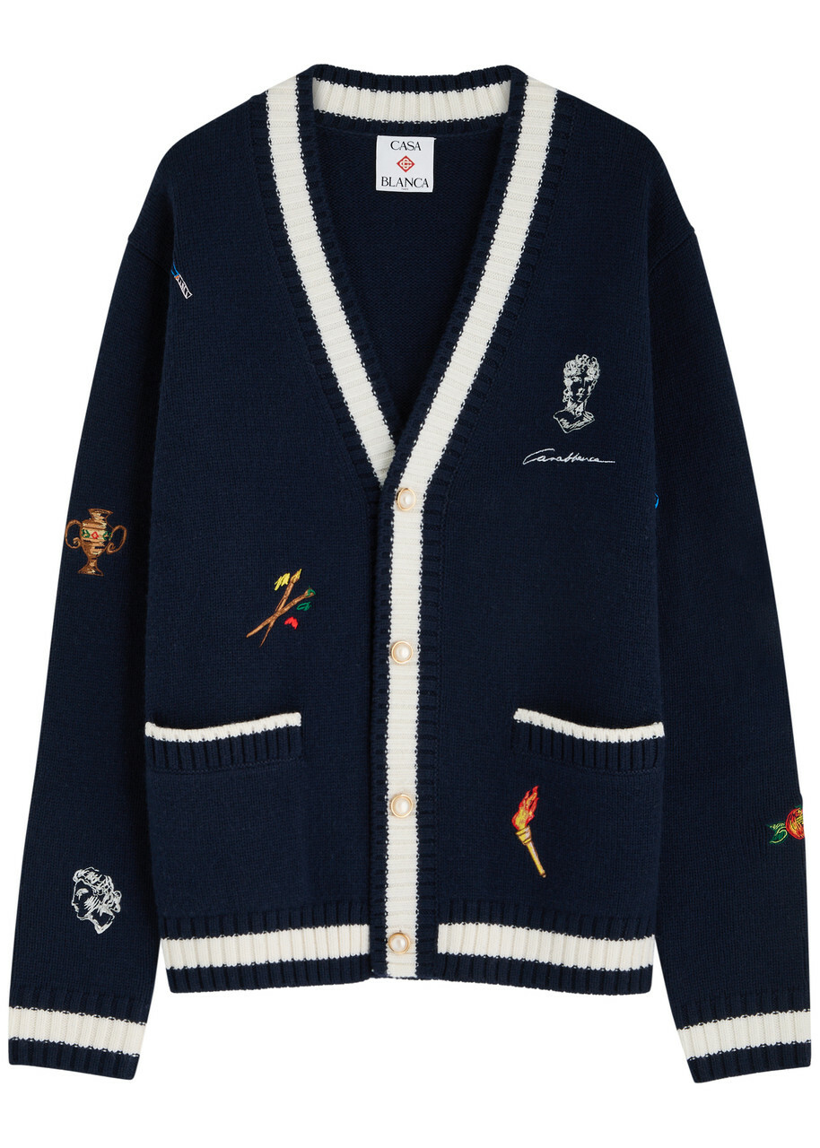 Casablanca Embroidered Wool and Cashmere-blend Cardigan Navy