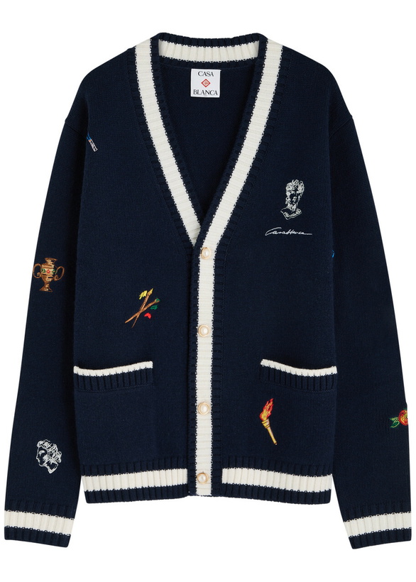 Photo: Casablanca Embroidered Wool and Cashmere-blend Cardigan Navy
