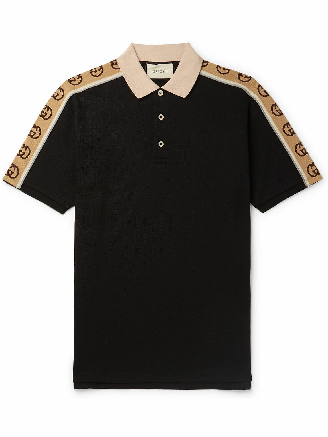 GUCCI Logo Jacquard Webbing Trimmed Stretch Cotton Pique Polo Shirt Black Gucci