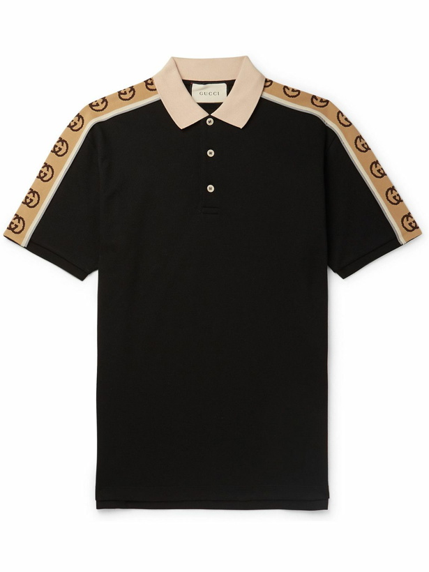 Photo: GUCCI - Logo-Jacquard Webbing-Trimmed Stretch-Cotton Piqué Polo Shirt - Black