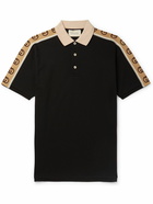 GUCCI - Logo-Jacquard Webbing-Trimmed Stretch-Cotton Piqué Polo Shirt - Black