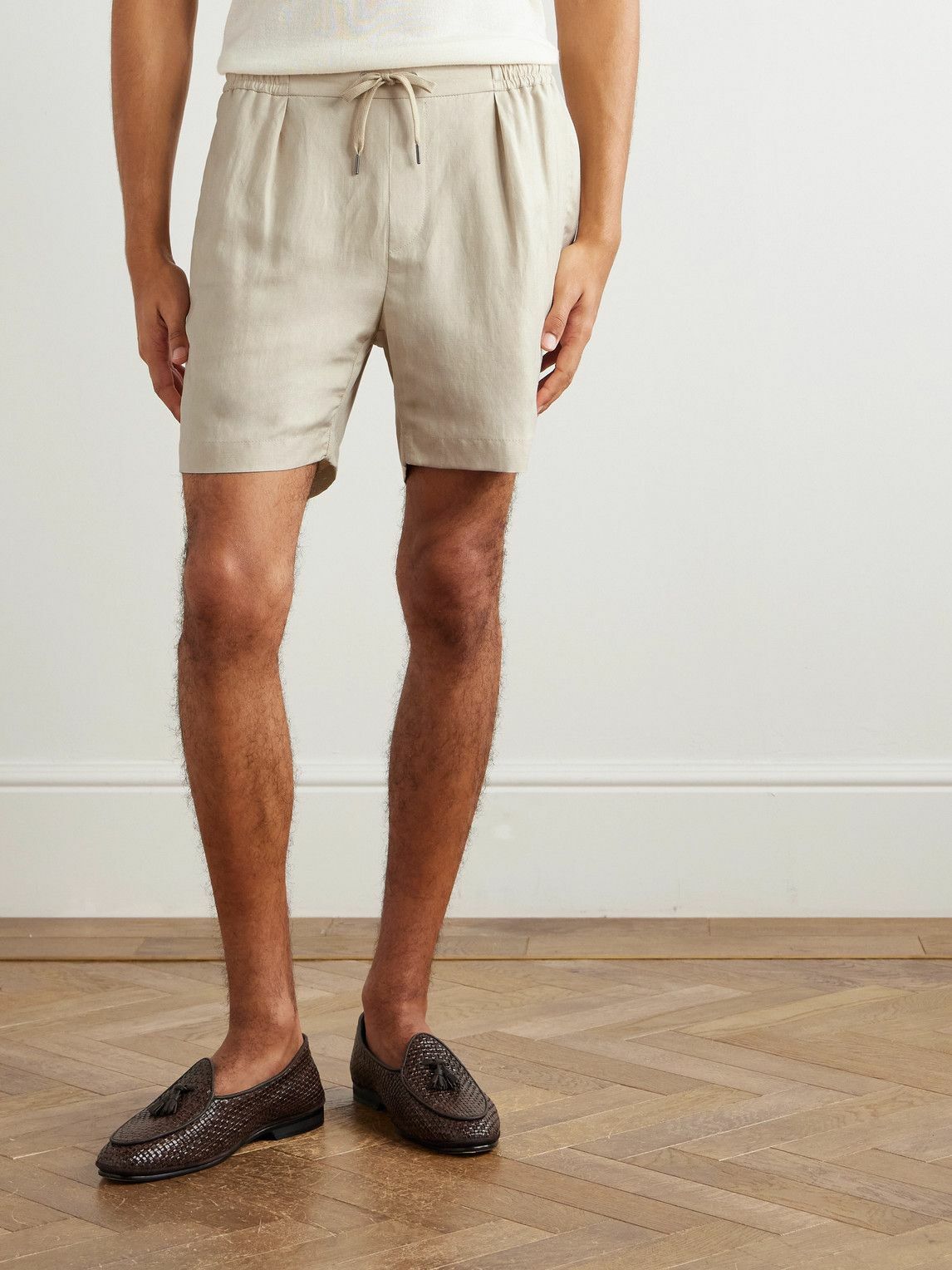 Ralph Lauren Purple label - Dorest Straight-Leg Pleated Silk and Linen-Blend Drawstring Shorts - Neutrals