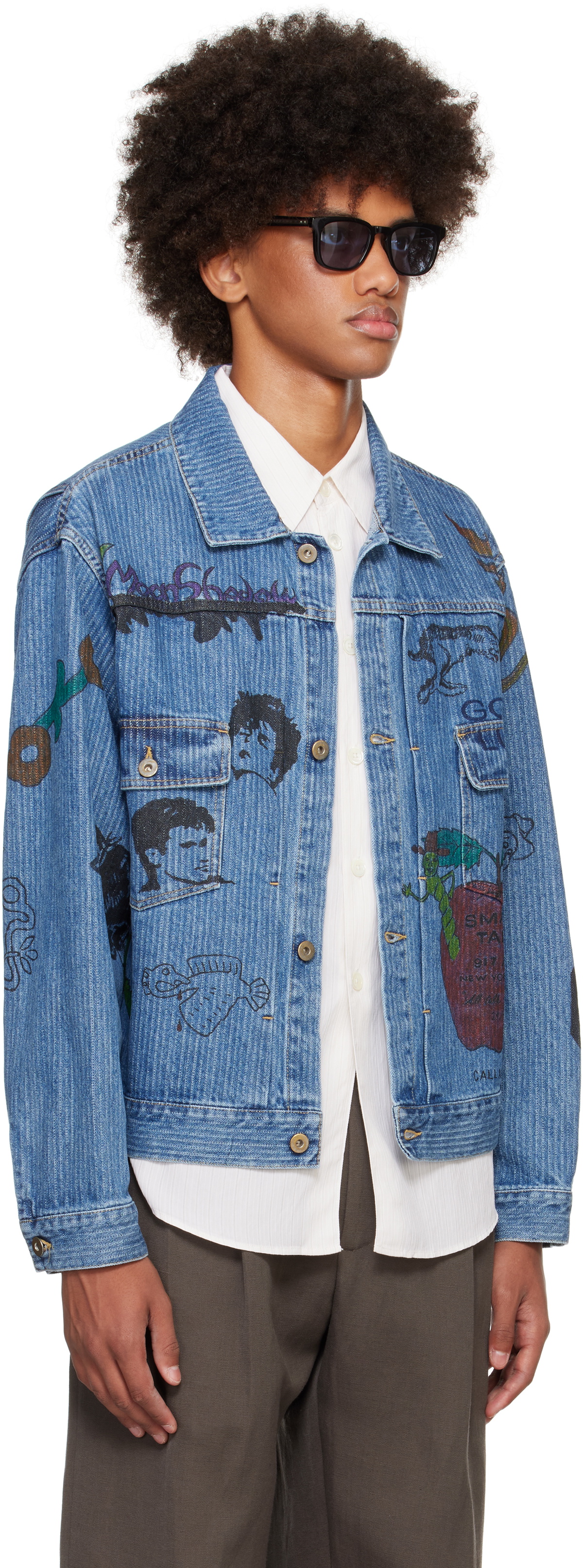 Small Talk Studio SSENSE Exclusive Blue Hand-Drawn Jacquard Stripe Denim Trucker Jacket