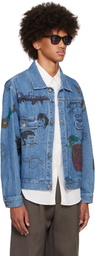 Small Talk Studio SSENSE Exclusive Blue Hand-Drawn Jacquard Stripe Denim Trucker Jacket