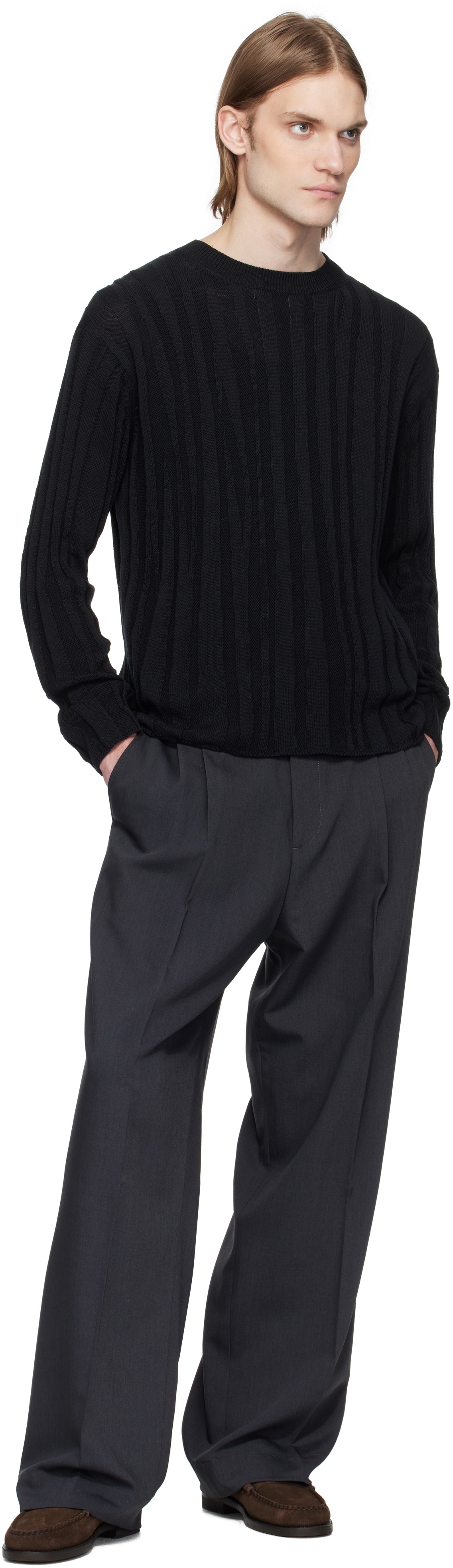 YOKE Black Roundum Rib Crewneck Sweater