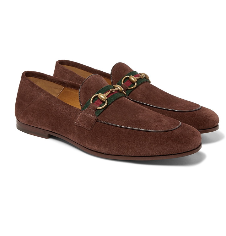 Photo: Gucci - Brixton Webbing-Trimmed Horsebit Collapsible-Heel Suede Loafers - Brown