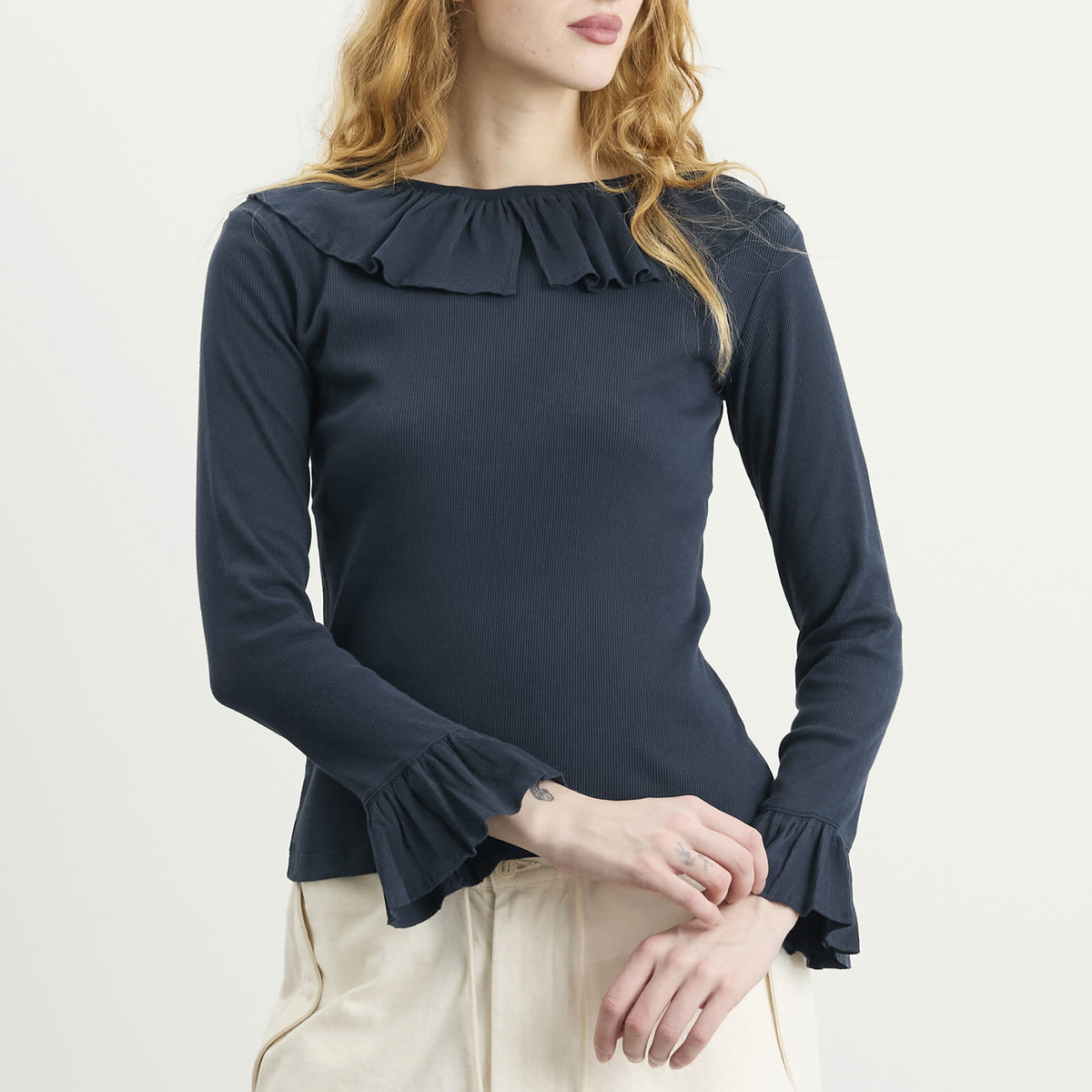 Beams Boy Women's Rib Knitted Ruffle Gathered Long Sleeve T-Shirt in Navy