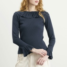 Beams Boy Women's Rib Knitted Ruffle Gathered Long Sleeve T-Shirt in Navy