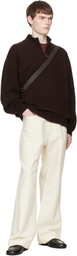 stein Off-White Double Weave Cotton One Tuck Wide Trousers