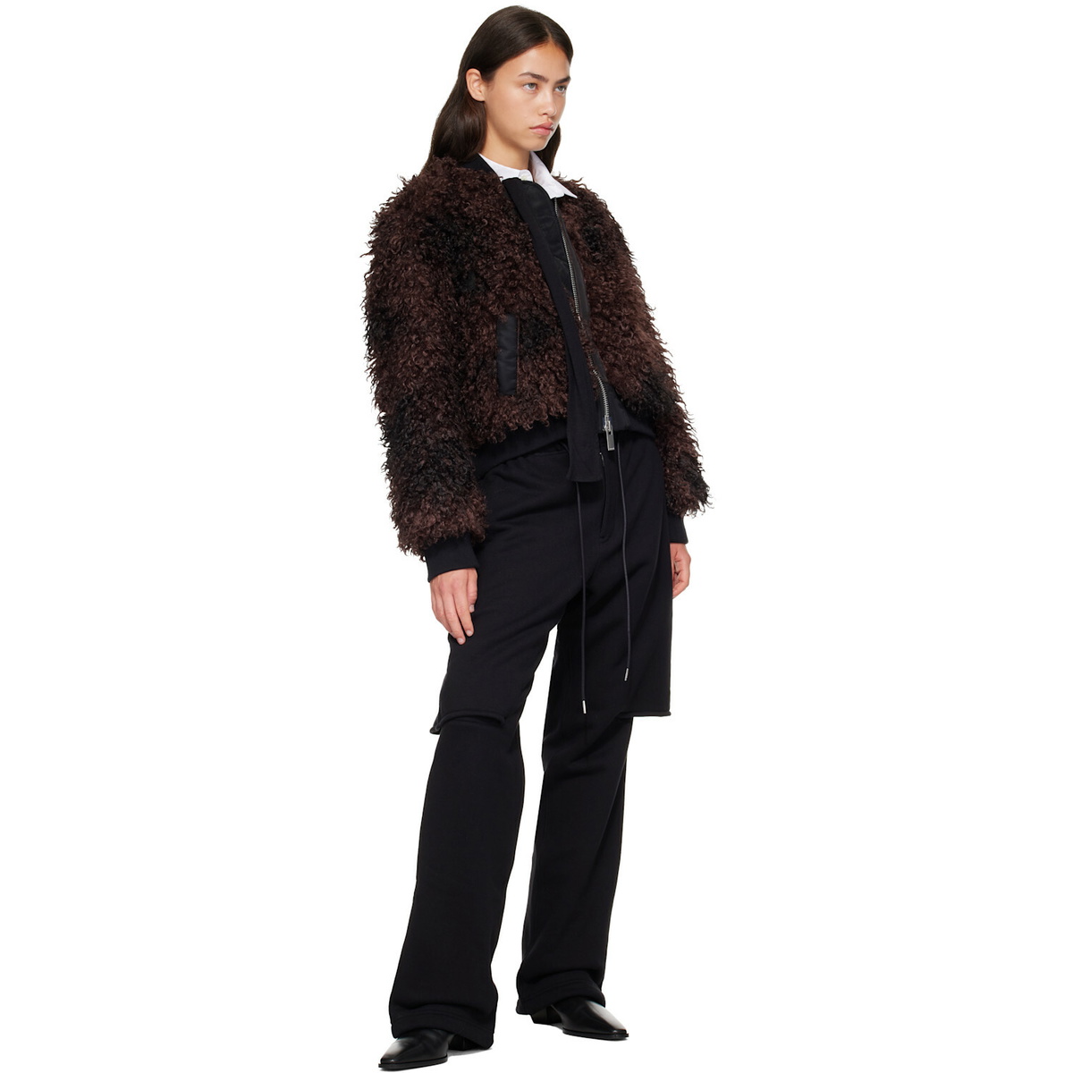 sacai Brown Blouson Curly Faux-Fur Jacket