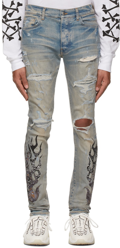 Photo: AMIRI Blue & Taupe Bandana Flame Jeans