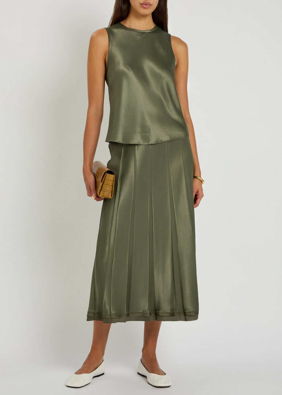 Vince Pleated Satin Midi Skirt Khaki
