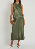 Vince Pleated Satin Midi Skirt Khaki