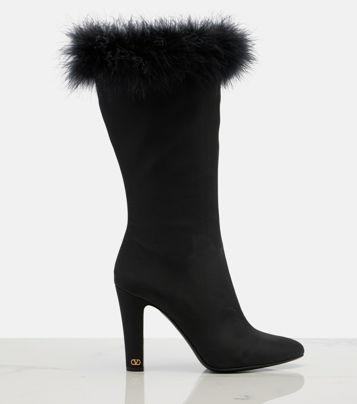 Valentino Garavani Hotty feather-trimmed satin knee-high boots