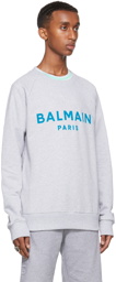 Balmain Grey & Blue Flocked Logo Sweatshirt